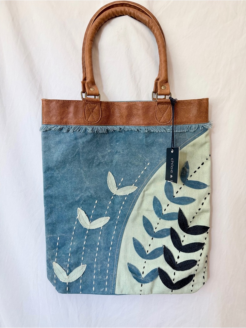 Denim Canvas Tote Bag Embroidered Birds Leather Handles Artsy